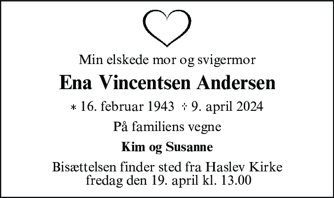 Dødsannonce for Ena Vincentsen Andersen
