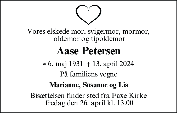 Dødsannonce for Åse Petersen