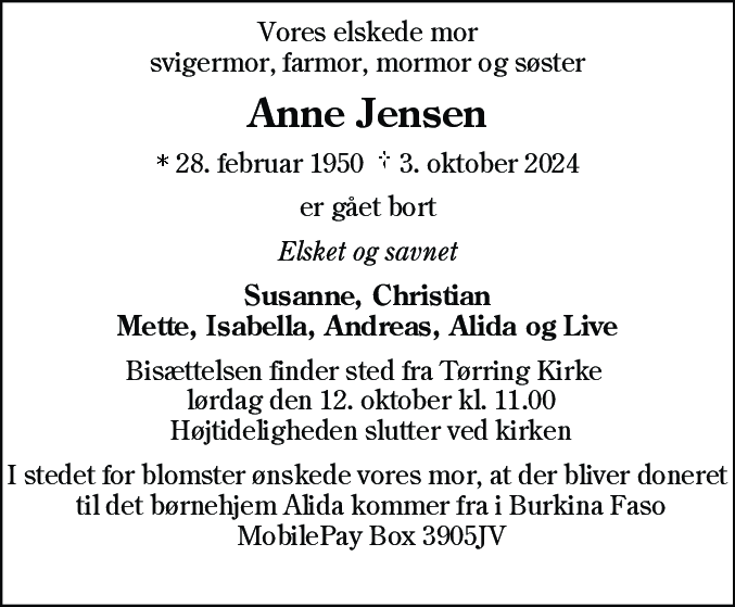 Dødsannonce for Anne Jensen
