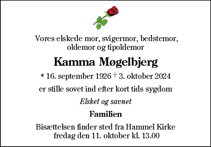 Dødsannonce for Kamma Møgelbjerg