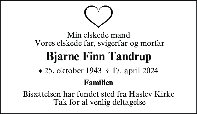 Dødsannonce for Bjarne Finn Tandrup