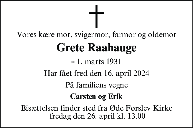 Dødsannonce for Grete Marie Raahauge