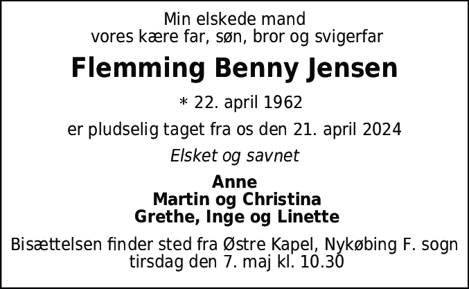 Dødsannonce for Flemming Benny Jensen