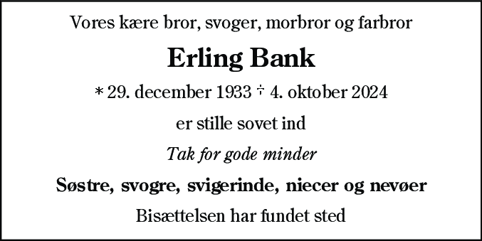 Dødsannonce for Erling Bank