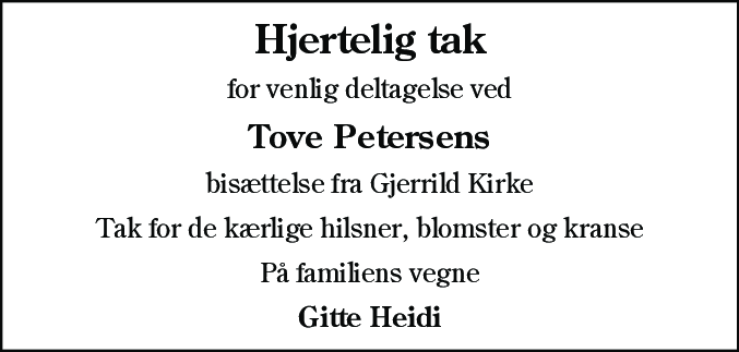 Dødsannonce for Tove Petersen