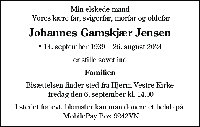 Dødsannonce for Johannes Gamskjær Jensen