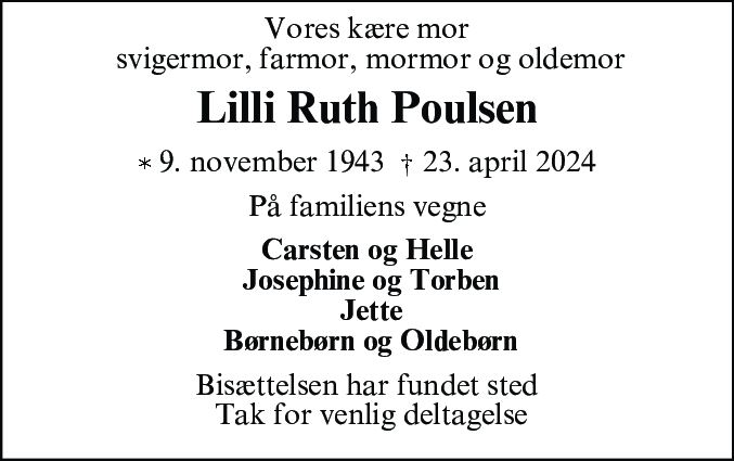 Dødsannonce for Lilli Ruth Poulsen