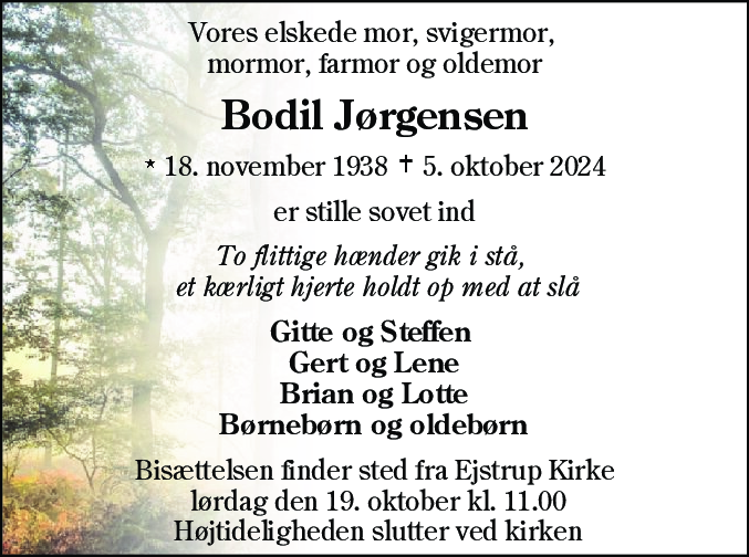 Dødsannonce for Bodil Jørgensen