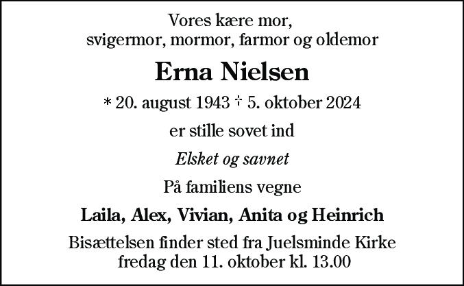 Dødsannonce for Erna Nielsen