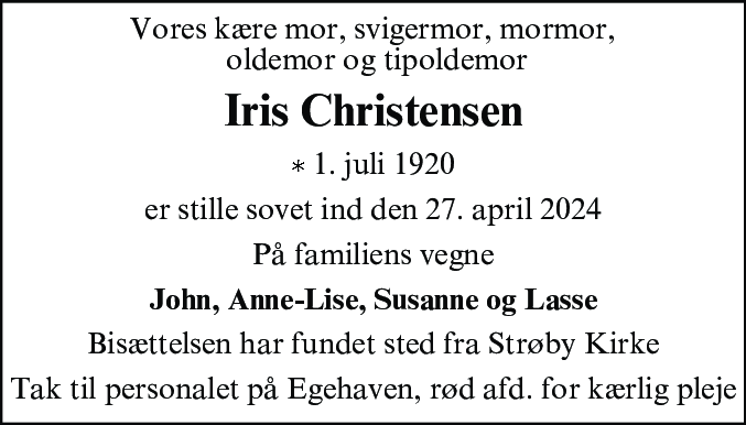 Dødsannonce for Iris Christensen