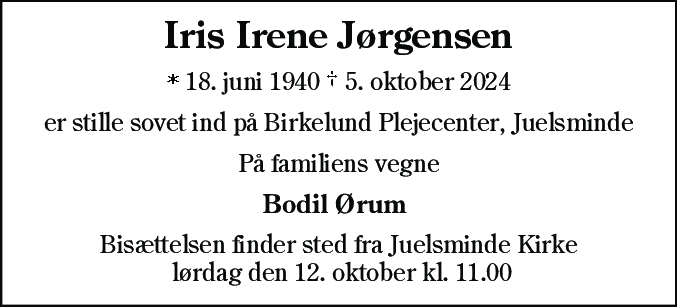 Dødsannonce for Iris Irene Jørgensen
