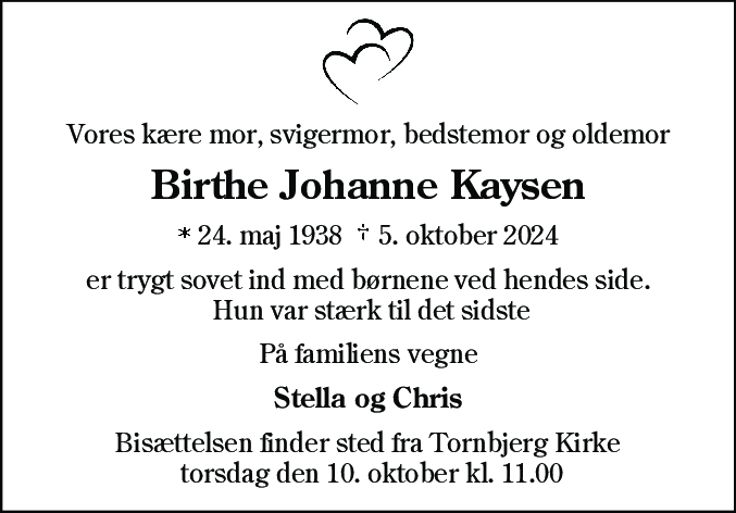 Dødsannonce for Birthe Johanne Kaysen