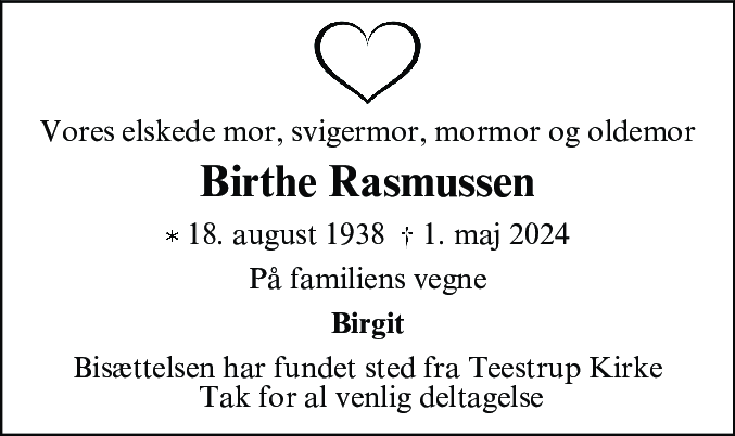 Dødsannonce for Birthe Kristine Rasmussen