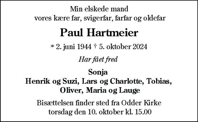 Dødsannonce for Paul Hartmeier