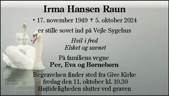 Dødsannonce for Irma Hansen Raun