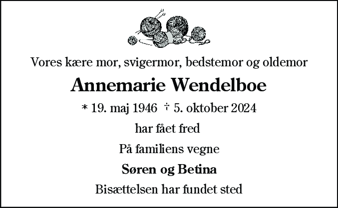 Dødsannonce for Annemarie Wendelboe