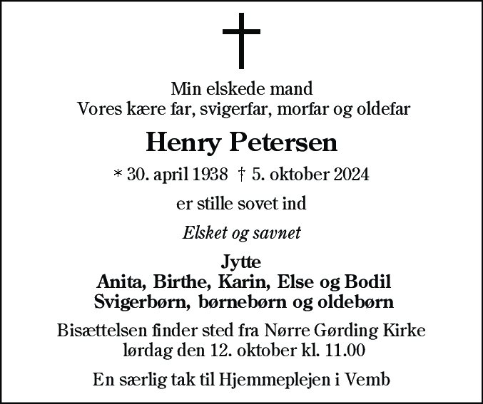 Dødsannonce for Henry Petersen
