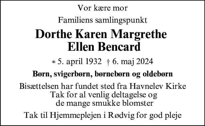 Dødsannonce for Dorthe Karen Margrethe Ellen Bencard