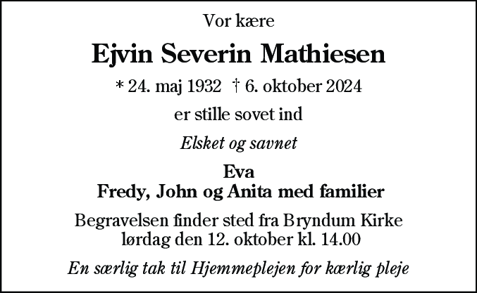 Dødsannonce for Ejvin Severin Mathiesen
