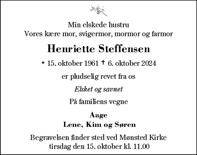 Dødsannonce for Henriette Margrethe Steffensen