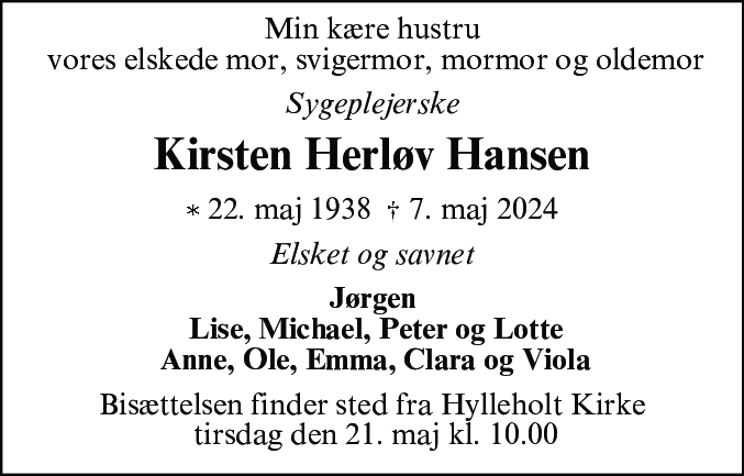Dødsannonce for Kirsten Herløv Hansen