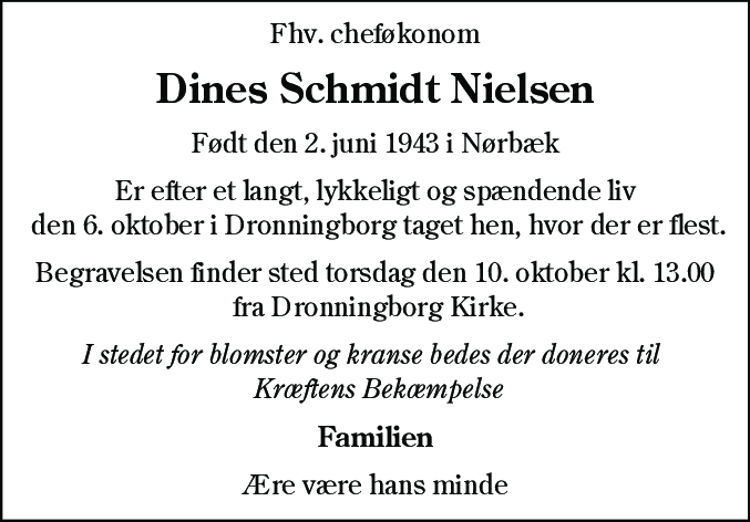 Dødsannonce for Dines Bredal Schmidt Nielsen