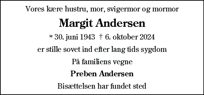Dødsannonce for Margit Andersen