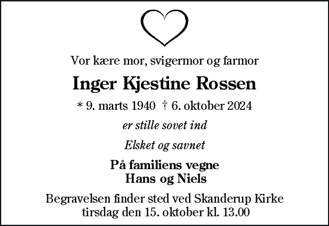 Dødsannonce for Inger Kjestine Rossen