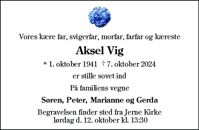 Dødsannonce for Aksel Vig