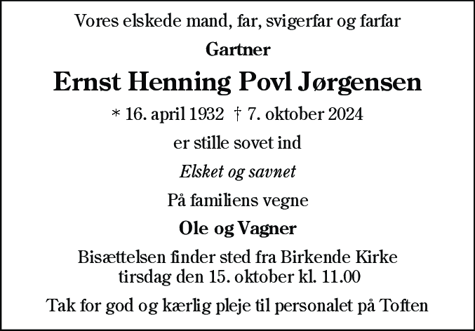 Dødsannonce for Ernst Henning Povl Jørgensen
