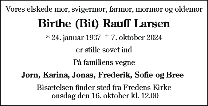 Dødsannonce for Birthe Rauff Larsen