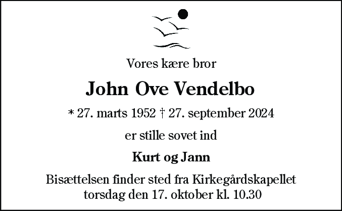 Dødsannonce for John Ove Vendelbo