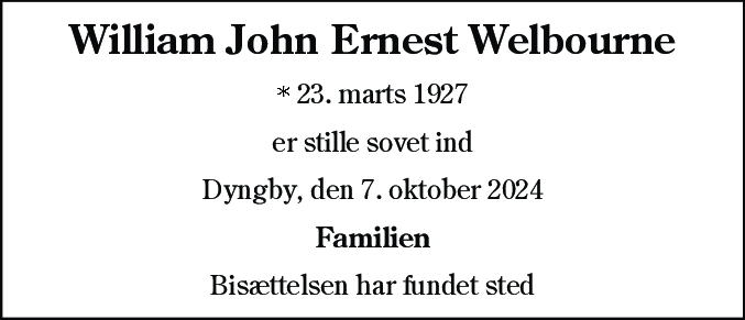 Dødsannonce for William John Ernest Welbourne