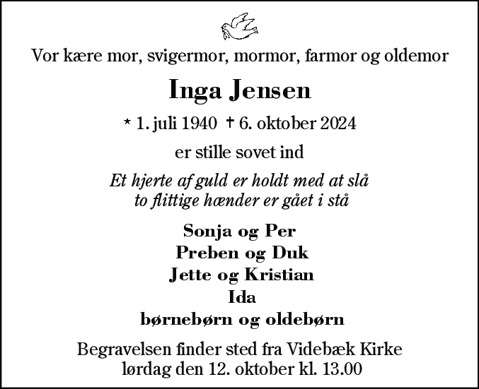 Dødsannonce for Inga Johanne Jensen