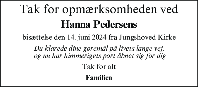 Dødsannonce for Hanna Pedersen