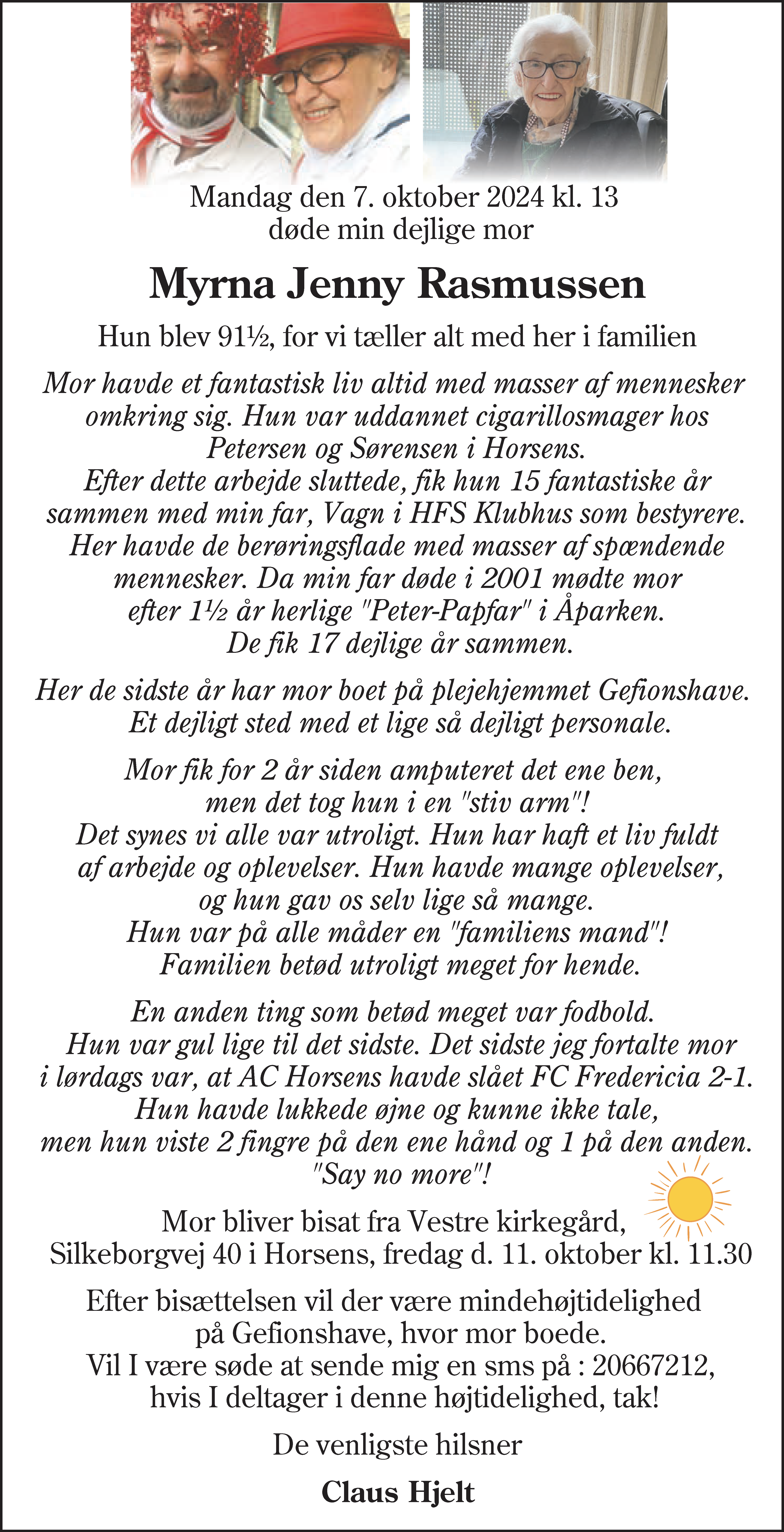 Dødsannonce for Myrna Jenny Rasmussen