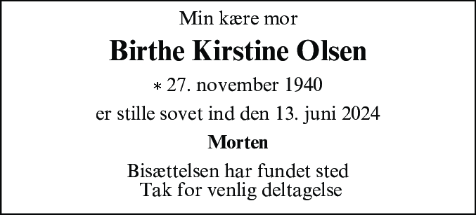 Dødsannonce for Birthe Kirstine Olsen