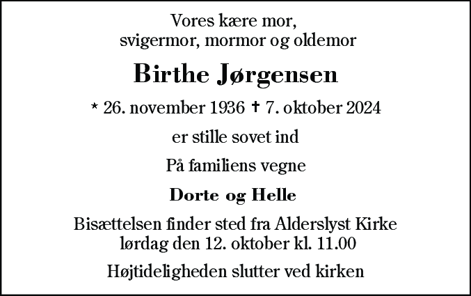 Dødsannonce for Birthe Jørgensen