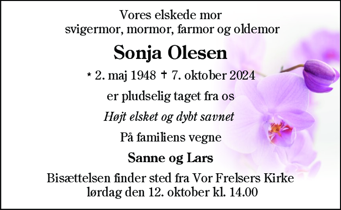 Dødsannonce for Sonja Lydia Olesen