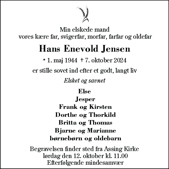 Dødsannonce for Hans Enevold Jensen
