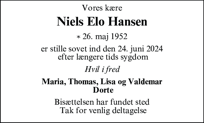 Dødsannonce for Niels Elo Hansen