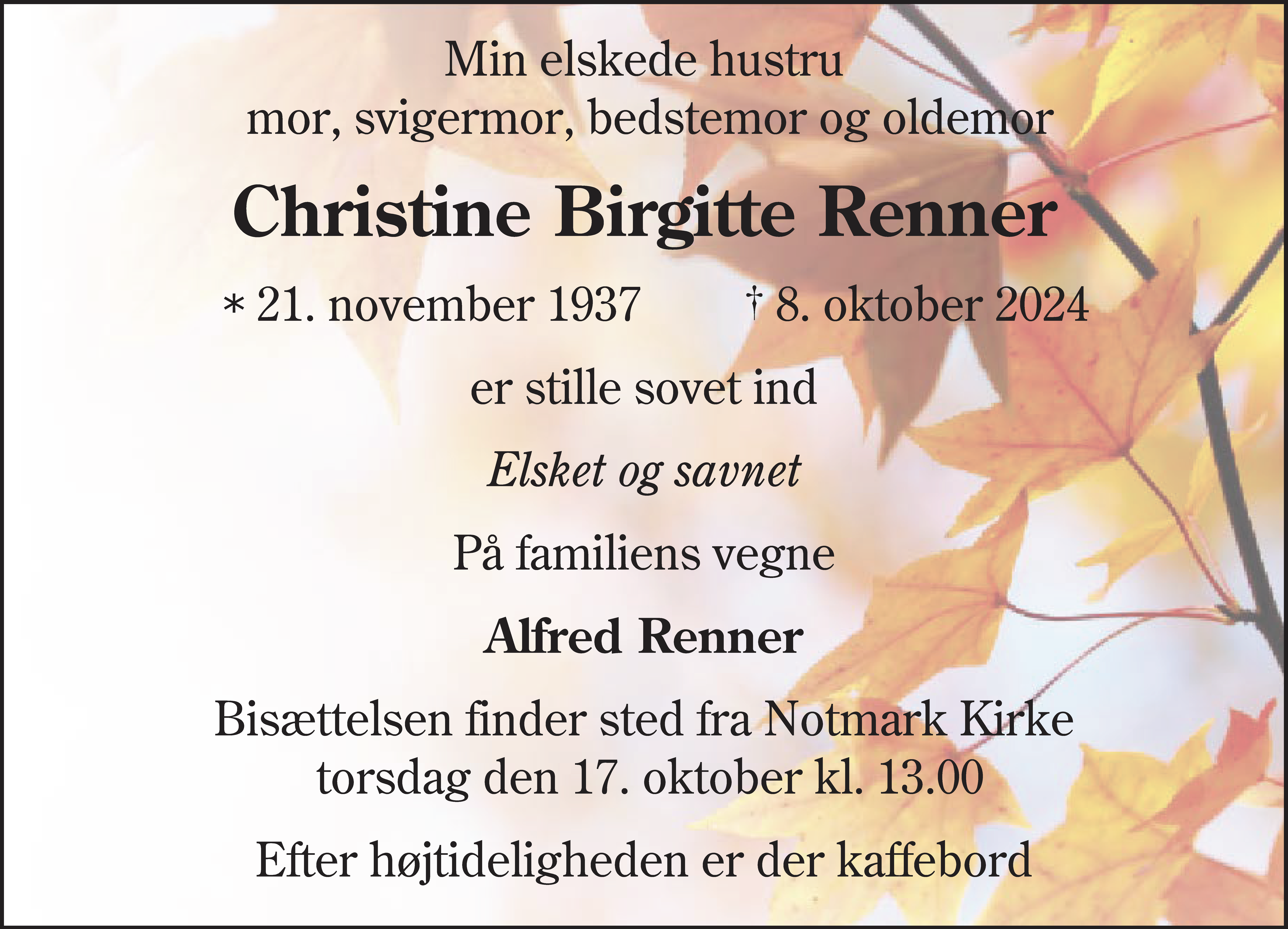 Dødsannonce for Christine Birgitte Renner
