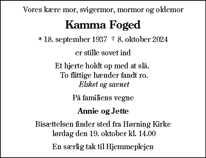 Dødsannonce for Kamma Foged