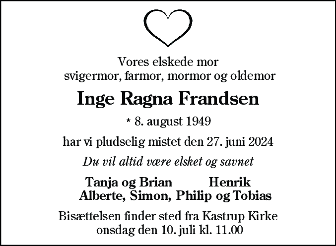 Dødsannonce for Inge Ragna Frandsen