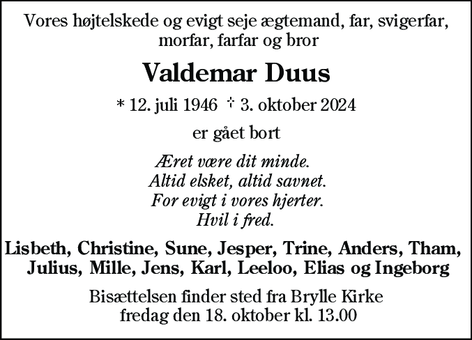 Dødsannonce for Valdemar Duus