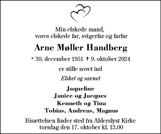 Dødsannonce for Arne Møller Handberg