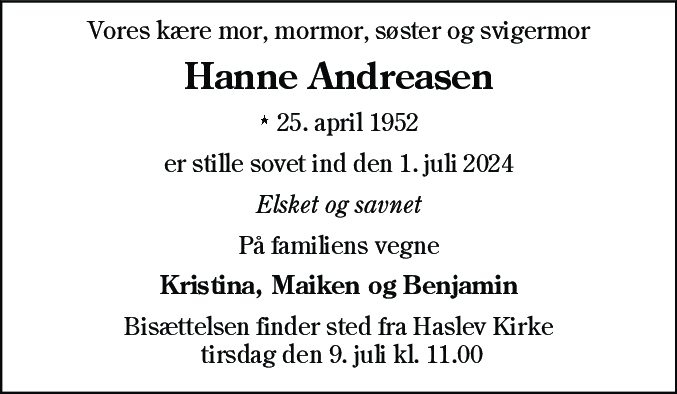 Dødsannonce for Hanne Andreasen