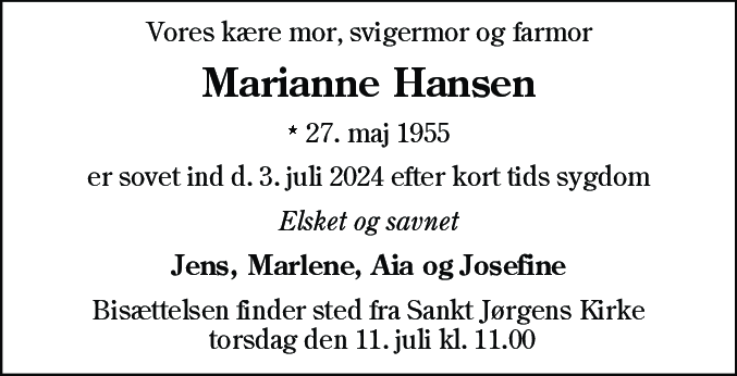 Dødsannonce for Marianne Hansen