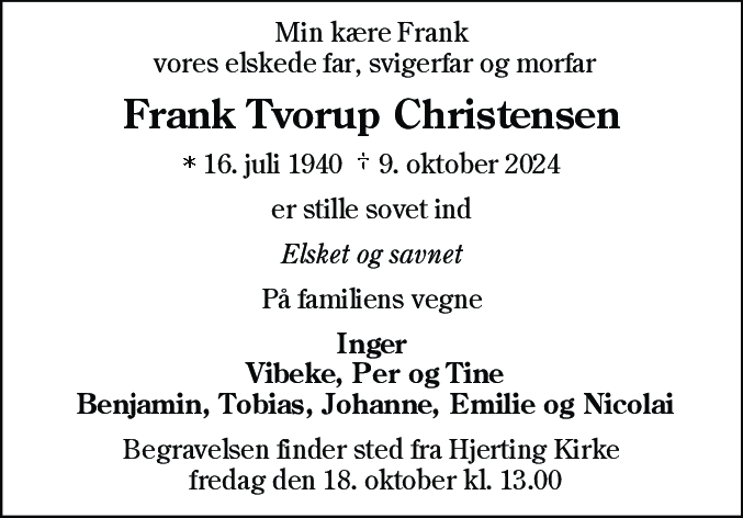 Dødsannonce for Frank Tvorup Christensen
