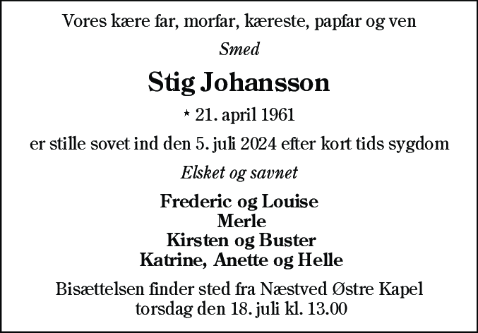 Dødsannonce for Stig Johansson